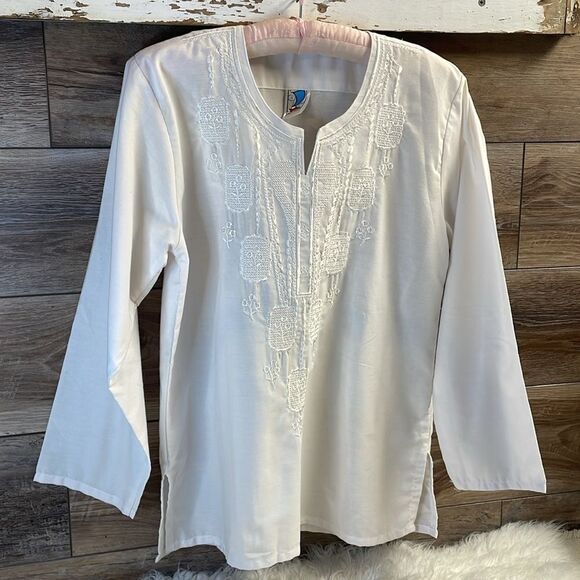 Boho Cottagecore Embroidered Peasant Style Cotton Blend White Blouse Top - Picture 3 of 8